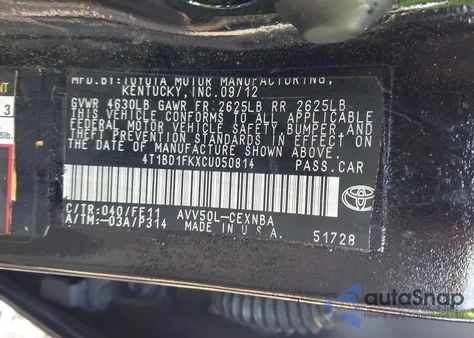 2012 Toyota Camry Hybrid Le z USA, uszkodzony, nr VIN 4T1BD1FKXCU050814